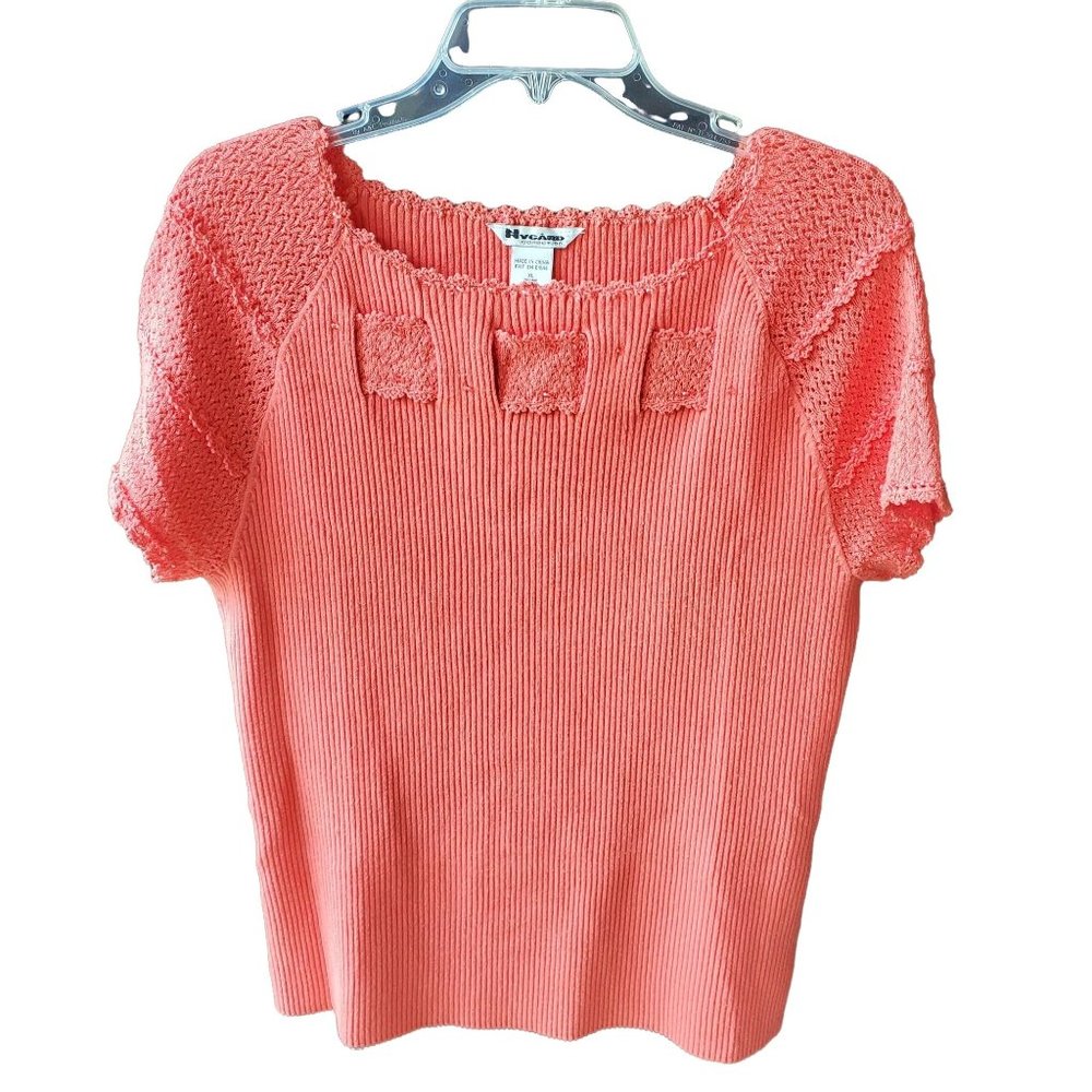 Vintage 90s Nygard Knit Top Orange Crochet Short Sleeves X-Large